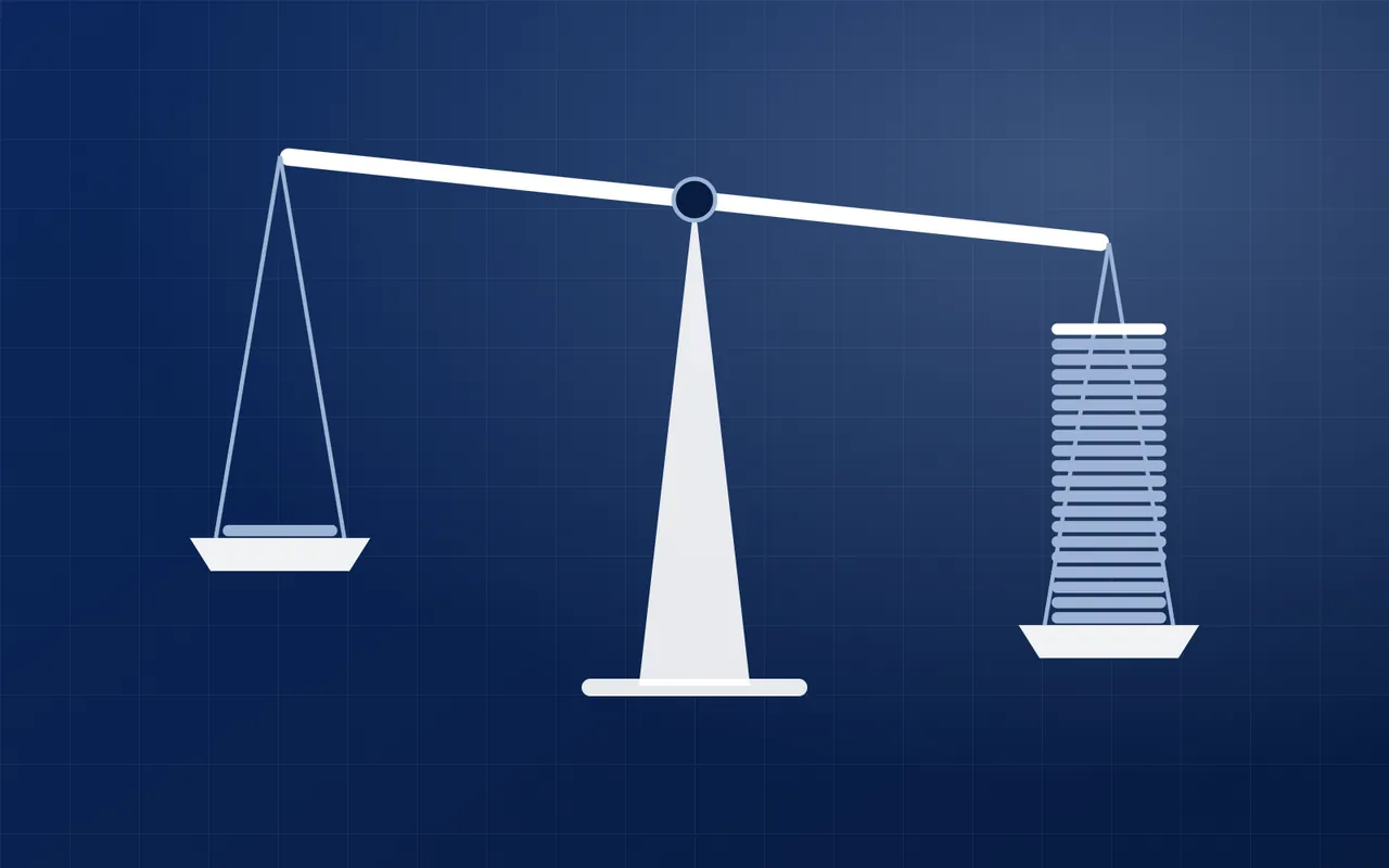 A scale with one coin on one side and a stack of twenty coins on the other, tipped towards the heavier side