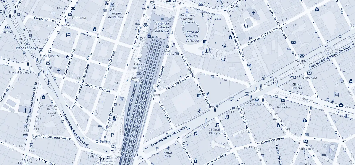 Mapa de la zona de la oficina de Olbia Corporate Consulting en Valencia, junto a la Estación del Norte